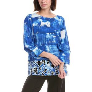 Lemon Grass Womens  Printed Eyelet Contrast Blouse, Navy